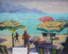 Sheila Arnot, oil on canvas, 'The Lifeguard had a red umbrella', signed, 19 x 24cm