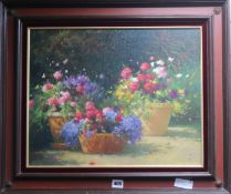 Oil on board, garden scene with flower troughs, 39.5 x 49cm, together with an oil on board, still