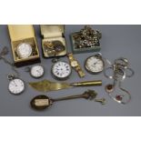 A mounted 5 lati piece coin, a collection of pocket watches and sundry jewellery etc.