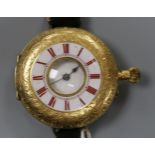 A late 19th century continental 18ct gold wrist watch (converted fob watch?).