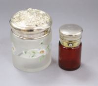 A late Victorian Art Nouveau repousse silver topped enamelled glass toilet jar, London, 1899 and a