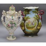 A putti handled lipped flower encrusted Sitzendorf style vase and a two handled pastoral scene