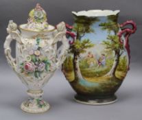 A putti handled lipped flower encrusted Sitzendorf style vase and a two handled pastoral scene