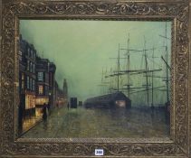 Manner of Atkinson Grimshaw, oil on canvas board, Liverpool Dock scene, 45 x 57cm