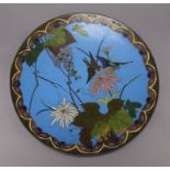 Five Japanese cloisonne enamel dishes of birds amid flowers including a pair largest diameter 30cm