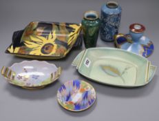 Carlton Ware Art Deco pottery: A chamberstick, three dishes and a 'Comet' saucer together with two