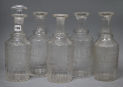 Five large 19th century wheel engraved decanters, named 'SHERRY, 'HOLLANDS', 'BRANDY', 'WHISKY'