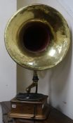 A gramophone with brass horn