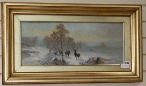 H.P. Gibb, oil on board, deer in winter, signed, 24 x 59cm