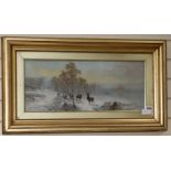 H.P. Gibb, oil on board, deer in winter, signed, 24 x 59cm