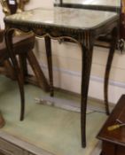 A French tapestry topped polychrome painted and ebonised occasional table W.50.5cm