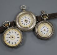 Three assorted silver fob watches, including heart shapes face and conversion to wrist watch.