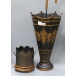 A black and gilt lacquered toleware stick stand and a jardiniere tallest 73cm