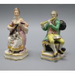 A pair of Staffordshire pearlware figures of seated musicians, after a Meissen model tallest 14cm