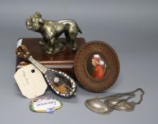 A dog paperweight, a miniature mandolin, three spirit labels, miniatures and ceramic plaque