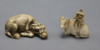 Two early 20th century Japanese ivory netsuke of an ox, one surmounted by a man