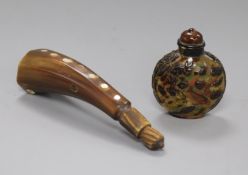 A Chinese horn and mother of pearl snuff bottle and a faux tortoiseshell snuff bottle