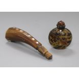 A Chinese horn and mother of pearl snuff bottle and a faux tortoiseshell snuff bottle