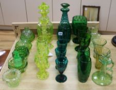 A Victorian Vaseline glass decanter and stopper, a green glass decanter and stopper and similar