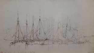 Edward Duncan, pen and ink, Old Billingsgate, The First Day of Oysters, signed and inscribed, 17 x