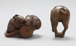 A 19th century Japanese wood netsuke of two rats with Daikoku's mallet and a wood netsuke of a