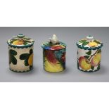 Three Wemyss preserve pots and covers, Apple, Seville Orange and Floral pattern tallest 12cm