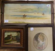 H. Linton, watercolour, desert scene, 23 x 54cm and three other pictures