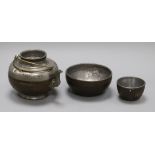 A Chinese coconut shell and pewter mounted tea set tallest 11cm