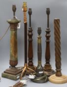 An onyx table lamp, a pair of lamps and three others tallest overall 61cm