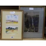 William Walls, watercolour, waterfall, 26 x 18cm and a pair of framed watercolour landscapes, 10 x