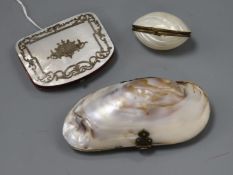 A white petal inlaid mother of pearl purse and two shall purses