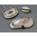 A white petal inlaid mother of pearl purse and two shall purses