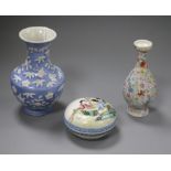 A Chinese ink box and cover and two small vases tallest 15cm