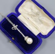 A 1920's, platinum, cultured? pearl and diamond set drop pendant necklace, pendant 40mm.