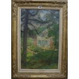 Albert de Belleroche, oil on wooden panel, house in a wooded landscape, initialled, 61 x 39cm