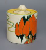 A Clarice Cliff Solitude preserve pot and cover height 9cm