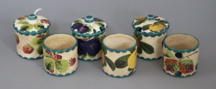 Six Wemyss preserve pots, three covers, fruit designs tallest 7cm