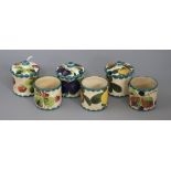 Six Wemyss preserve pots, three covers, fruit designs tallest 7cm