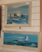 George R. Deakins, two oils on card, shipping at sea, signed, 18 x 59cm and 29 x 39cm