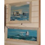 George R. Deakins, two oils on card, shipping at sea, signed, 18 x 59cm and 29 x 39cm