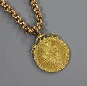 A 9ct gold chain link necklace with a George III 1798 gold spade guinea mounted as a pendant,