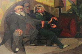 G E Ball, oil on board, gentlemen in conversation, signed and dated '51, 36 x 55cm