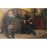 G E Ball, oil on board, gentlemen in conversation, signed and dated '51, 36 x 55cm