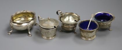 Five assorted silver condiments.