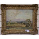 Freda Marston, oil on panel, extensive landscape, label verso, 30 x 40cm