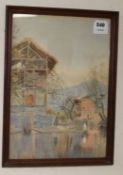 Japanese School, watercolour, waterside houses, 37 x 26cm