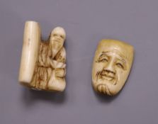 Two Meiji period ivory netsuke of a sage and a mask