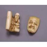 Two Meiji period ivory netsuke of a sage and a mask