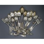 A matched part canteen of George IV and later silver, fiddle pattern cutlery and two plated items of