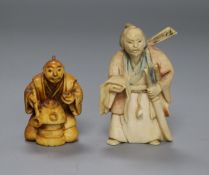 Two Japanese ivory netsuke of a Samurai and a man with a pot